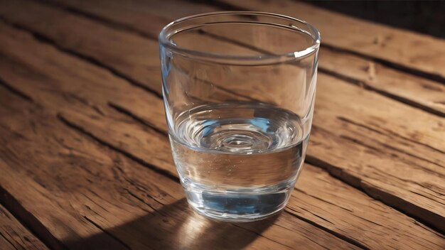 Um copo de água sobre fundo de madeira