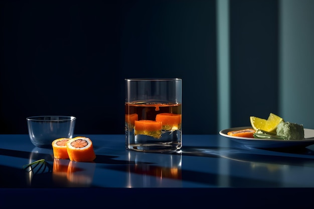 Um copo de álcool com laranjas e um prato de comida