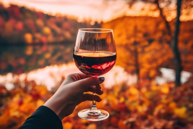 Um copo de bebida de vinho tinto em uma folhagem caindo no outono generativa ai