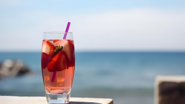 Um copo de bebida refrescante de morangos no fundo do mar em dia de verão ensolarado imagem gerada pela rede neural