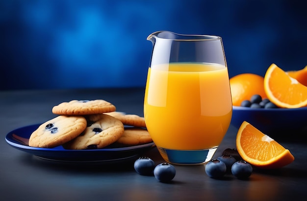 Um copo de biscoitos de suco de laranja com bagas em um prato na mesa laranja madura na mesa