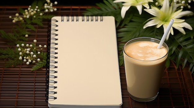 um copo de café ao lado de um caderno e flores IA generativa
