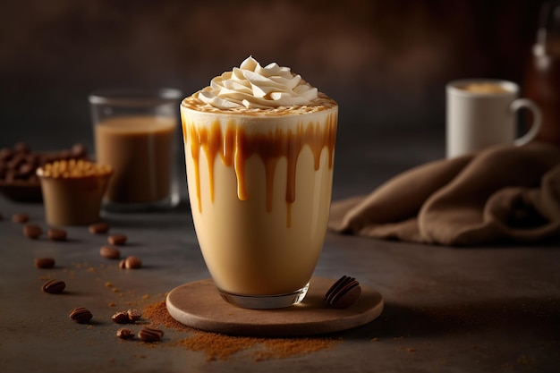 Um copo de café com calda de caramelo por cima