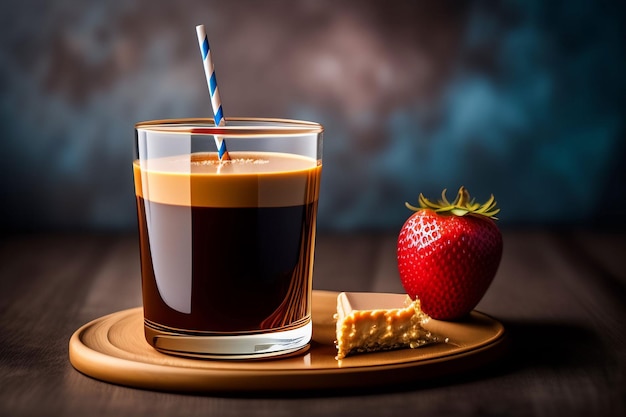 Um copo de café com chocolate com um canudo e um morango ao lado.