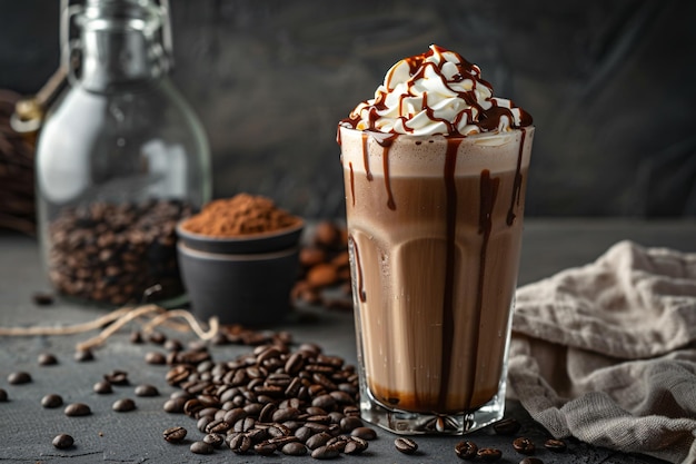 um copo de café com nata batida e xarope de chocolate