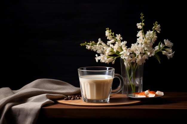 Um copo de café fresco com leite na mesa.