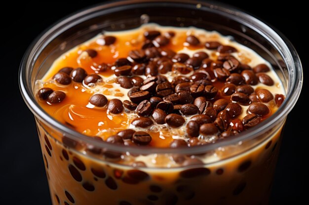 um copo de café gelado coberto com gotas de chocolate