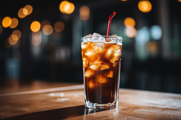 Um copo de café gelado com um canudo preto está em uma mesa