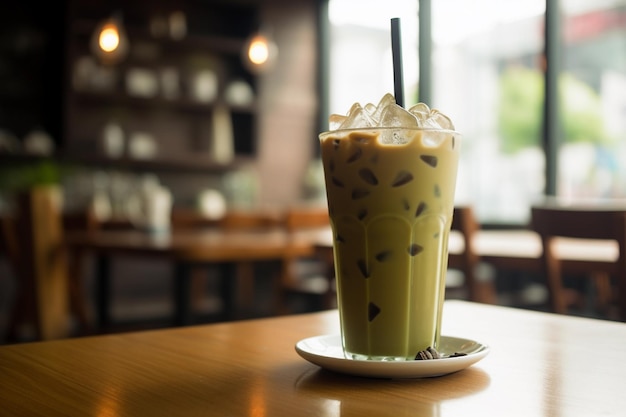 Um copo de café gelado está sobre a mesa de um café.