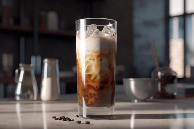 Um copo de café gelado está sobre um balcão com grãos de café sobre a mesa.