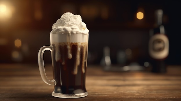 Um copo de café irlandês com chantilly por cima.