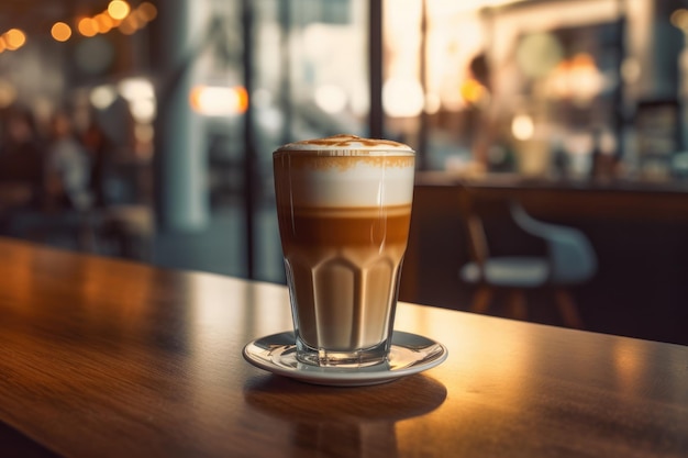 Um copo de café latte macchiato em uma mesa em um café gerado por IA