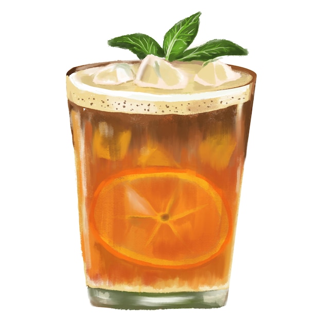 Um copo de café preto Americano gelado com ilustração de desenho à mão cor de água laranja Isolar em fundo branco