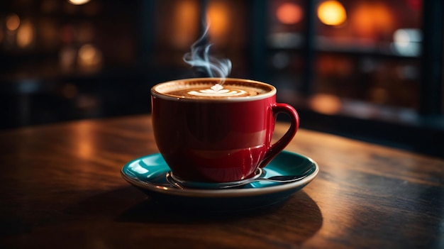 Um copo de café quente na mesa de madeira
