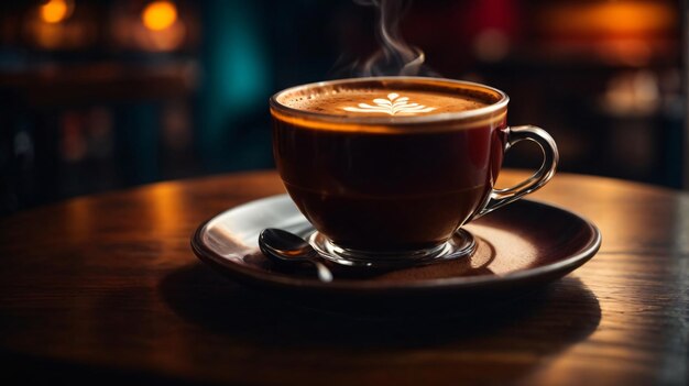 Um copo de café quente na mesa de madeira