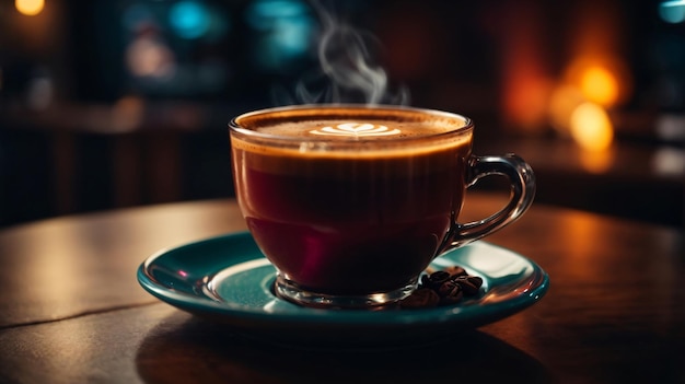 Um copo de café quente na mesa de madeira