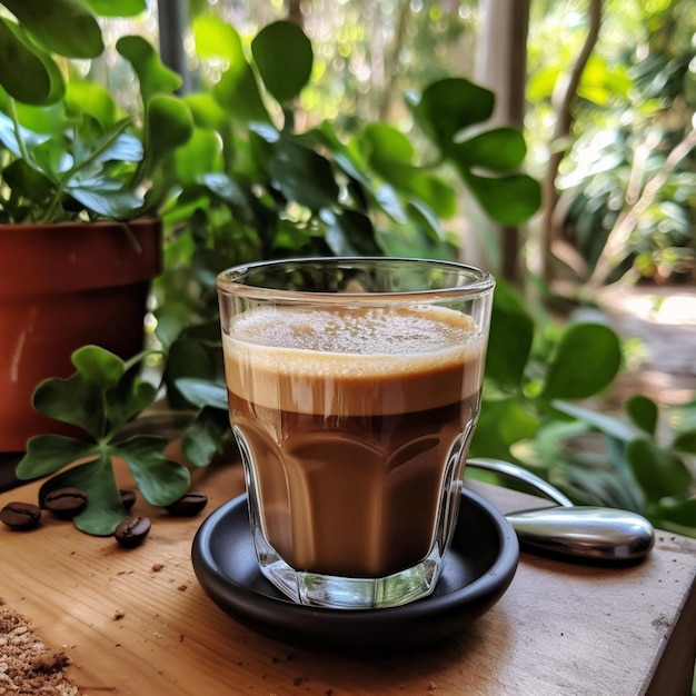 Um copo de café sobre uma mesa com uma planta ao fundo.