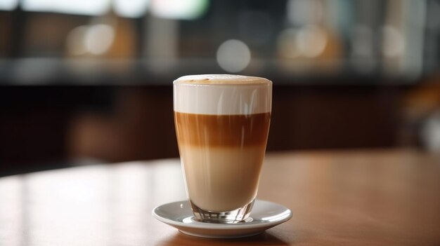 Um copo de cappuccino está sobre a mesa de um bar.