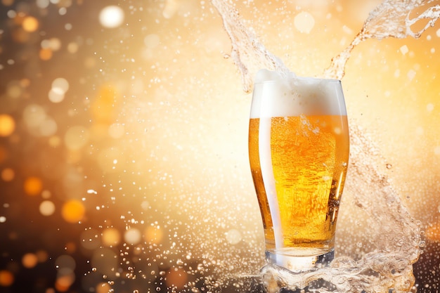 Um copo de cerveja a salpicar no ar.