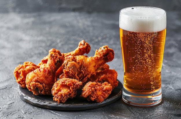 um copo de cerveja ao lado de um prato de asas de frango