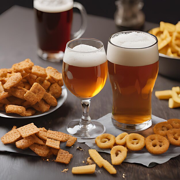 Foto um copo de cerveja ao lado de um prato de biscoitos e um copo de cerveza