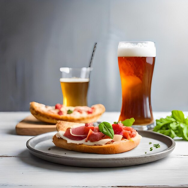 Um copo de cerveja ao lado de um prato de pizza com um pedaço de pão.