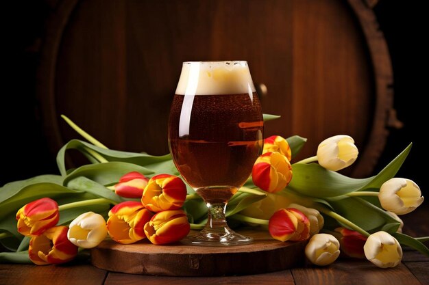 Foto um copo de cerveja ao lado de uma tulipa e tulipas