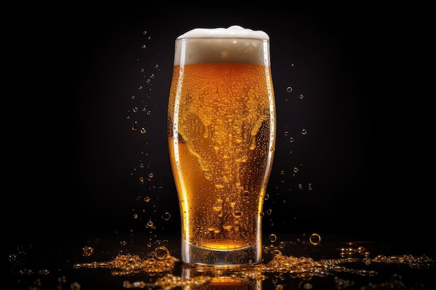 Um copo de cerveja cheio até à borda com líquido dourado