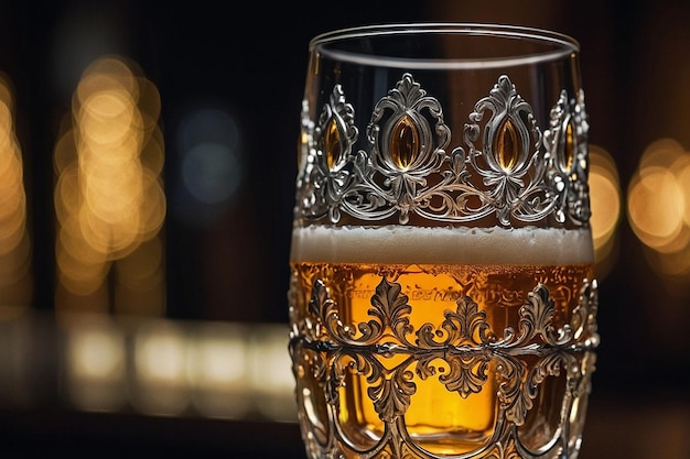 Um copo de cerveja com detalhes ornamentados