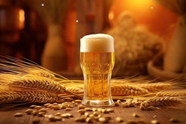 Um copo de cerveja com espigas de trigo em uma mesa de madeira 1