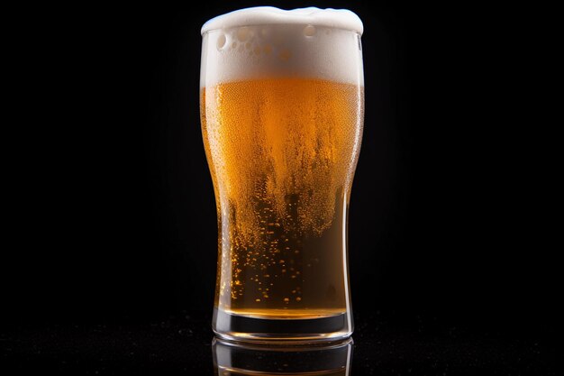 Um copo de cerveja com espuma e reflexo no preto.