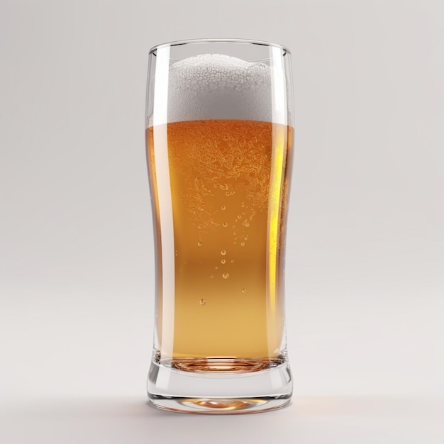 Um copo de cerveja com espuma e um líquido marrom claro.