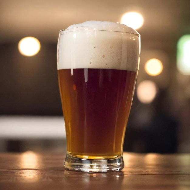 Um copo de cerveja com espuma está sobre um bar.