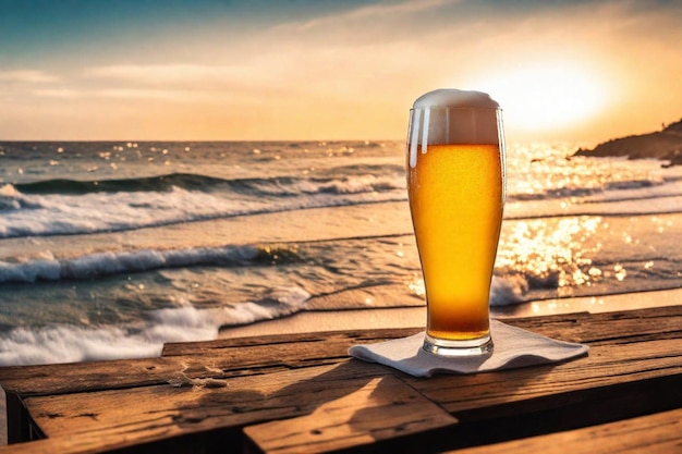 Foto um copo de cerveja com o sol a pôr-se atrás dele