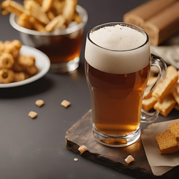 Foto um copo de cerveja com pão e biscoitos em uma mesa