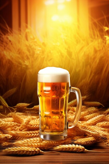 um copo de cerveja com trigo em um fundo amarelo 2