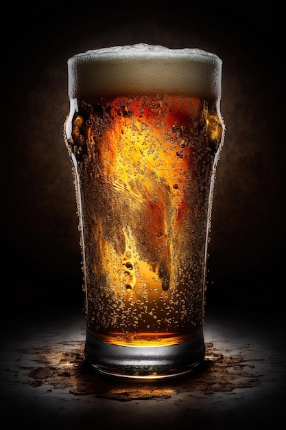 Um copo de cerveja com um fundo escuro e a palavra cerveja nele.