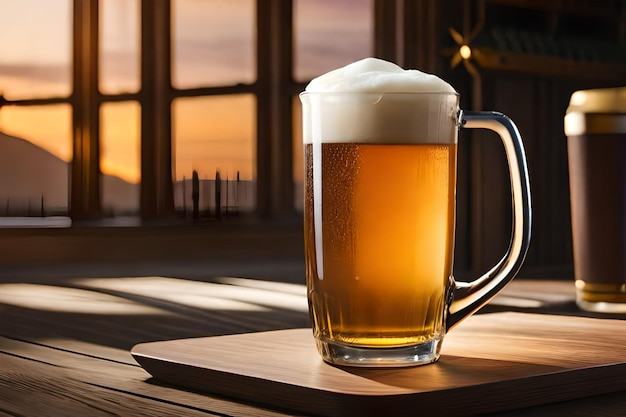 Um copo de cerveja com um pôr do sol ao fundo Criado com tecnologia generativa de IA