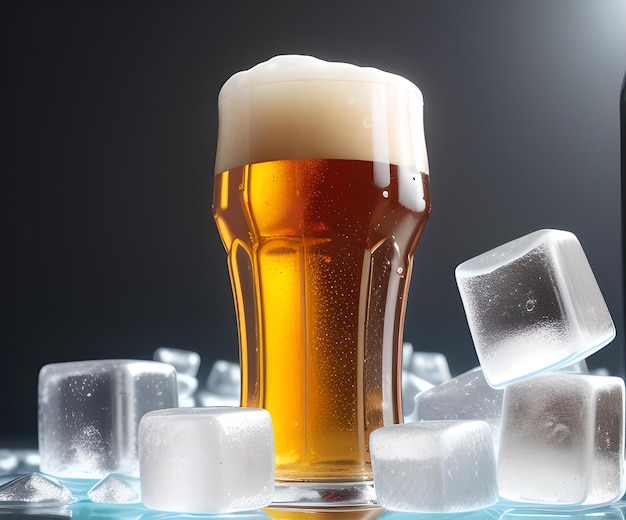 Um copo de cerveja com uma cabeça espumosa fica sobre cubos de gelo.