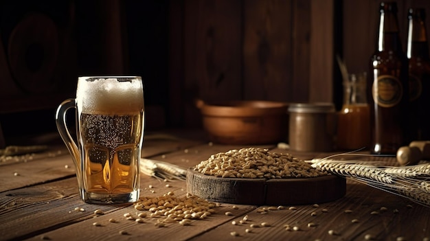 Um copo de cerveja com uma pilha de trigo na mesa