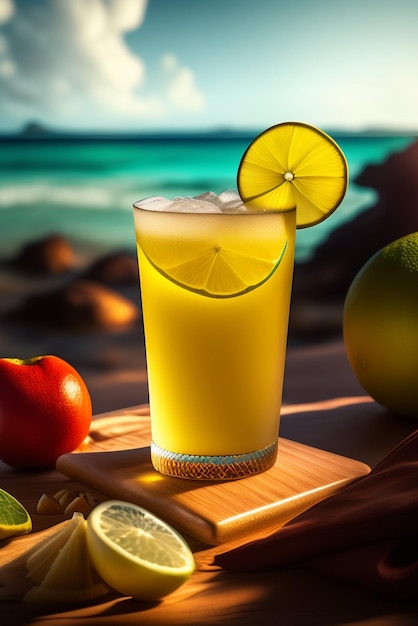 Um copo de cerveja com uma rodela de limão na borda e uma praia ao fundo.