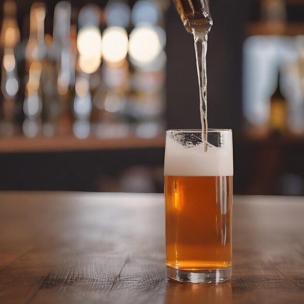 Foto um copo de cerveja é derramado em um copo em uma mesa de madeira