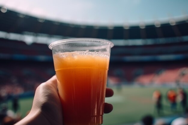 Um copo de cerveja é erguido em frente a um estádio esportivo.