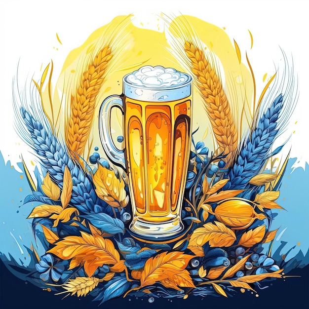 um copo de cerveja e trigo no estilo amarelo e azul