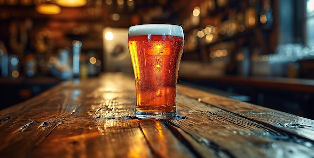 Um copo de cerveja em um balcão de madeira em um pub ou restaurante