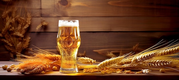Um copo de cerveja em um fundo de madeira em estilo retro Brilhante cerveja de trigo leve bebida alcoólica leve