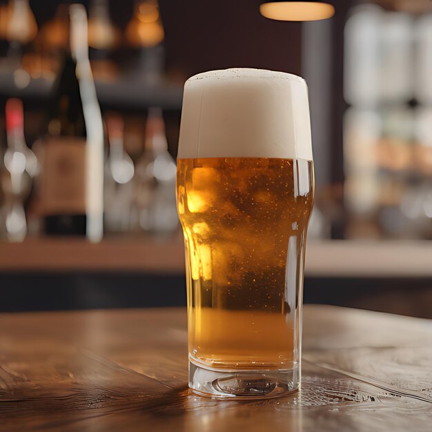 Foto um copo de cerveja em uma mesa com uma garrafa de cerveja no fundo