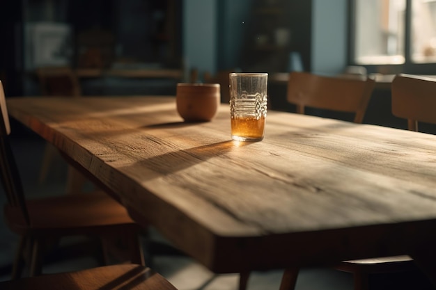 Um copo de cerveja em uma mesa com uma mesa de madeira ao fundo