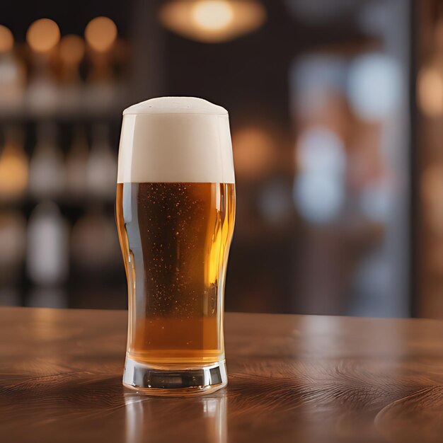 Foto um copo de cerveja em uma mesa de madeira com um fundo desfocado