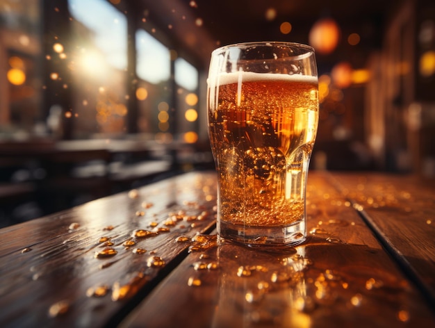 Um copo de cerveja em uma mesa de madeira em um pub em close-up